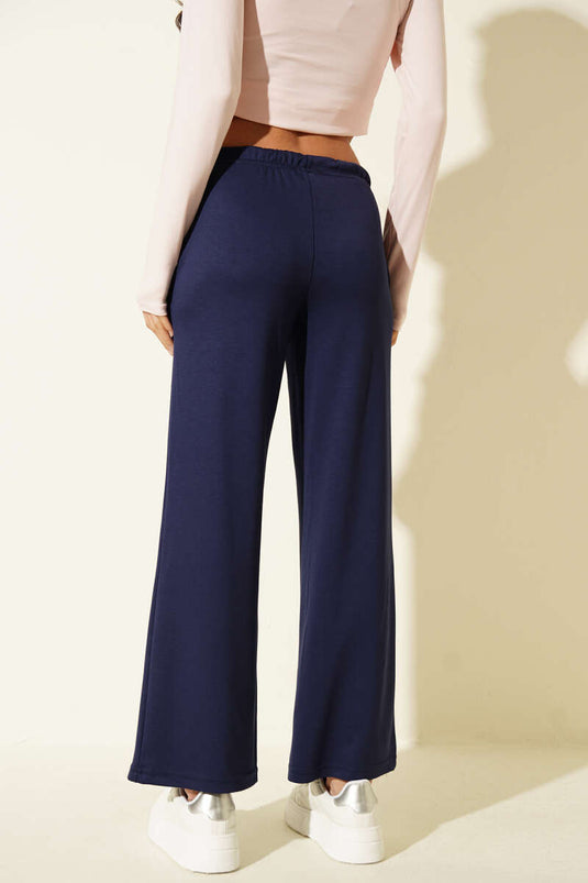 Navy Wide-Leg Pants with Waist Drawstring