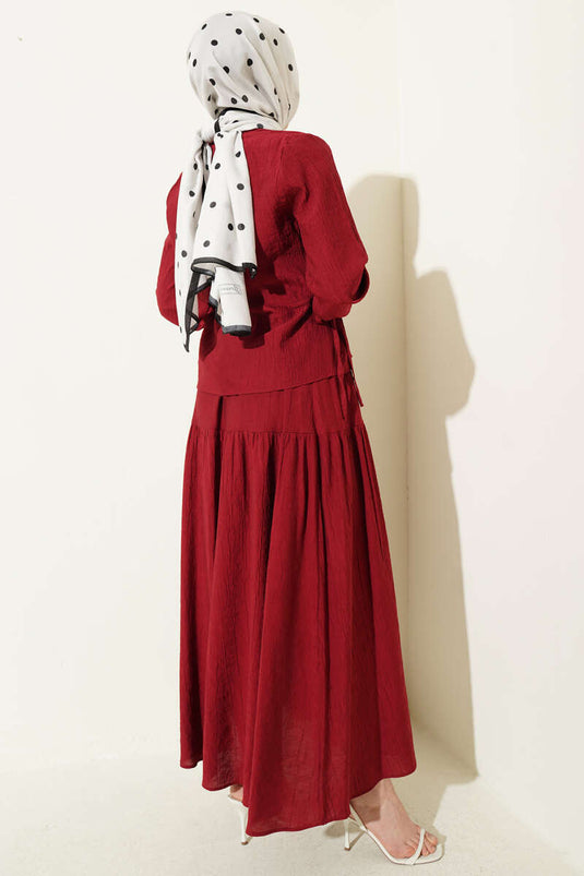 Burgundy Two-Piece Set with Waist Tie and Skirt