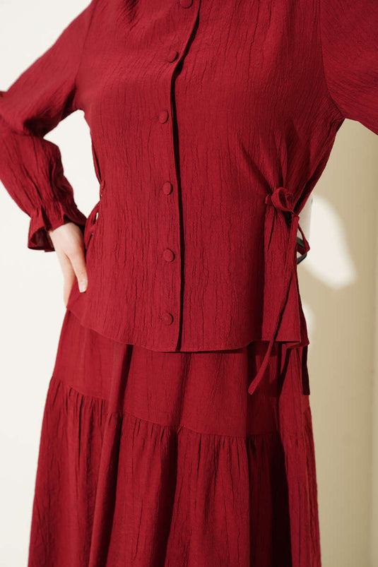 Burgundy Two-Piece Set with Waist Tie and Skirt