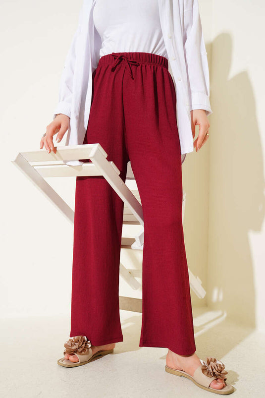 Bel İp Detaylı Bürümcük Pantolon Bordo
