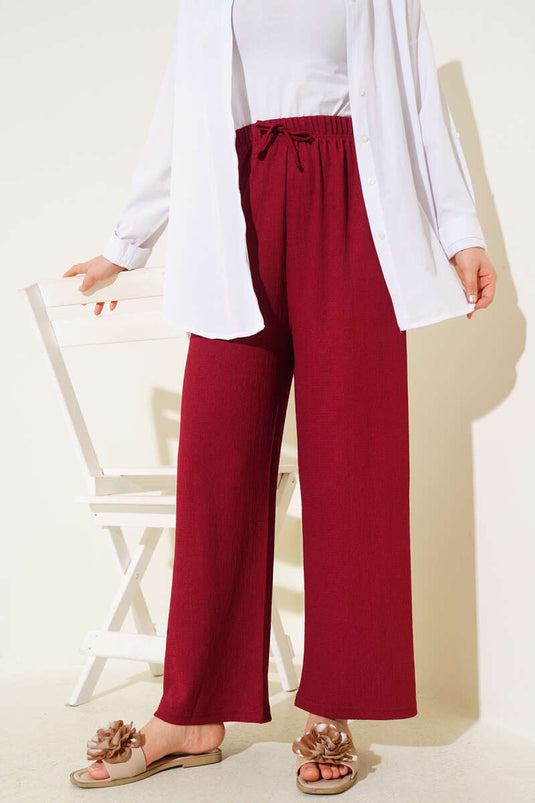 Bel İp Detaylı Bürümcük Pantolon Bordo