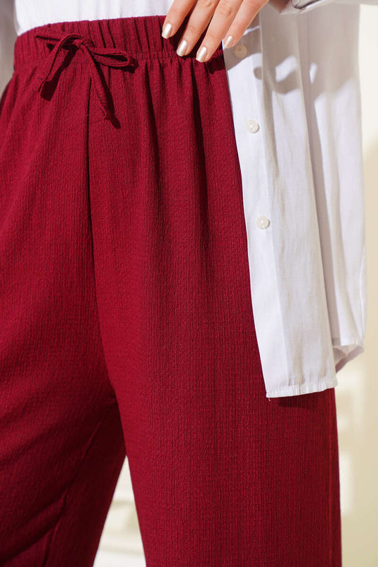 Bel İp Detaylı Bürümcük Pantolon Bordo