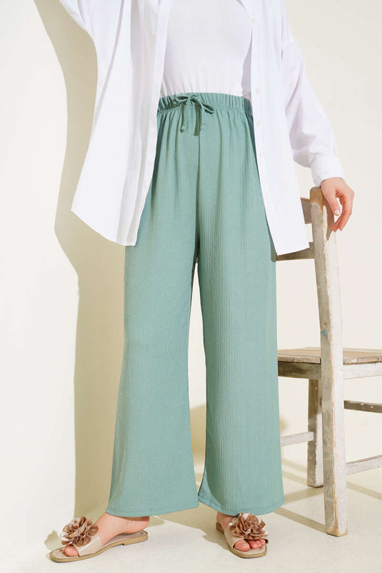 Bel İp Detaylı Bürümcük Pantolon Çağla Yeşili