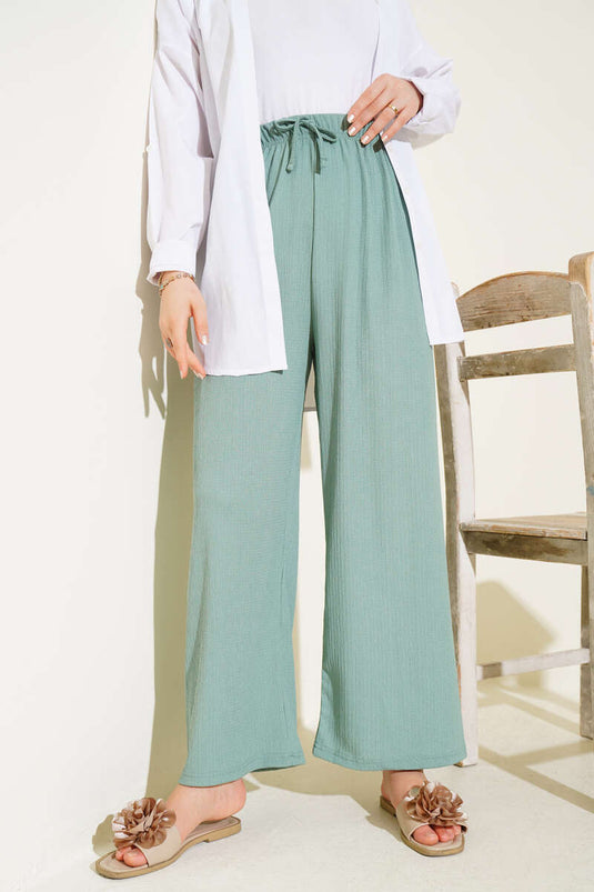 Bel İp Detaylı Bürümcük Pantolon Çağla Yeşili