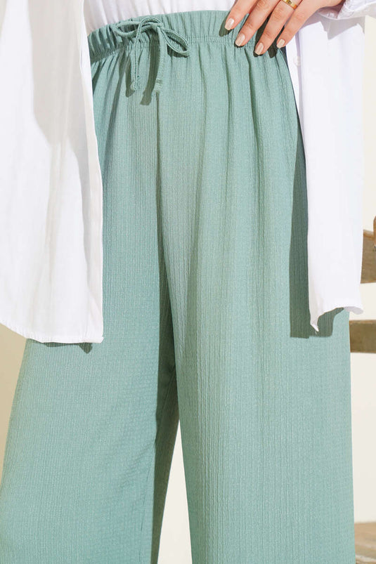 Bel İp Detaylı Bürümcük Pantolon Çağla Yeşili