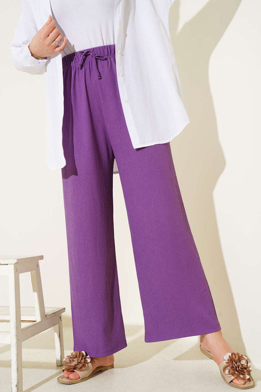 Bel İp Detaylı Bürümcük Pantolon Lila