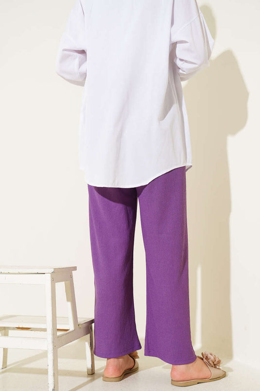 Bel İp Detaylı Bürümcük Pantolon Lila