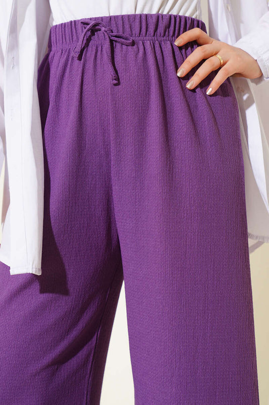 Bel İp Detaylı Bürümcük Pantolon Lila
