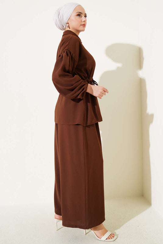 Bel İpli Balon Kol İkili Takım Kahve