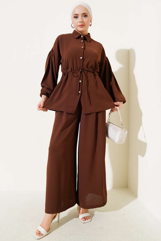 Bel İpli Balon Kol İkili Takım Kahve