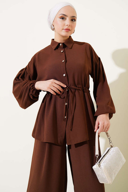 Bel İpli Balon Kol İkili Takım Kahve