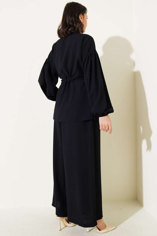 Bel İpli Balon Kol İkili Takım Siyah