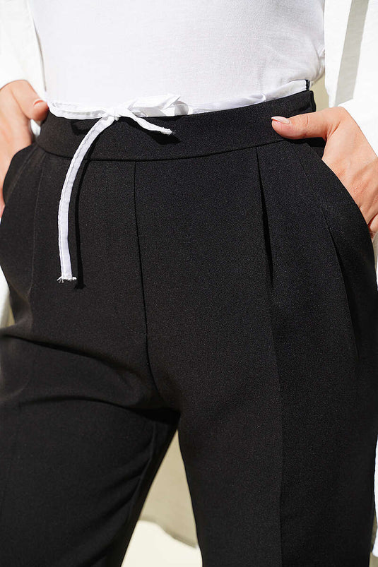 Pantalones De Tela Con Cordón Negro