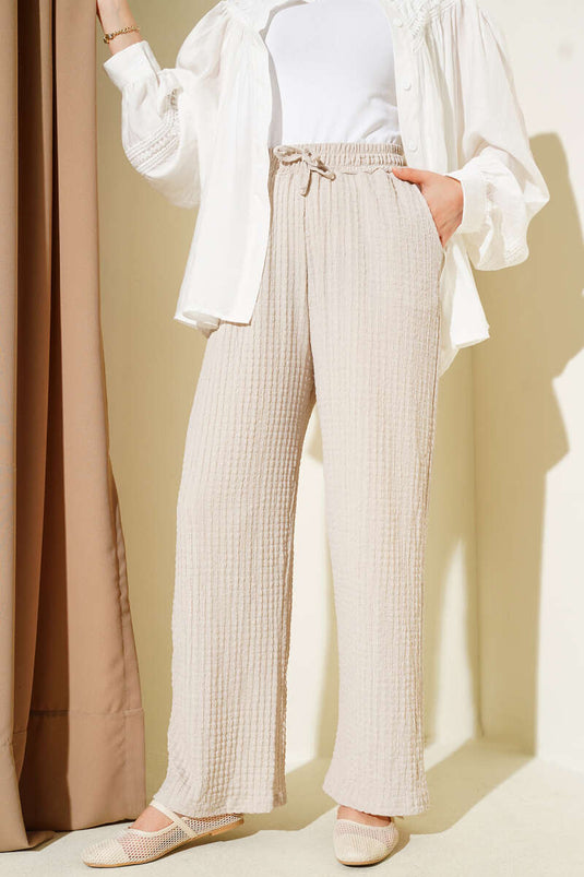 Bel İpli Kabartmalı Pantolon Bej