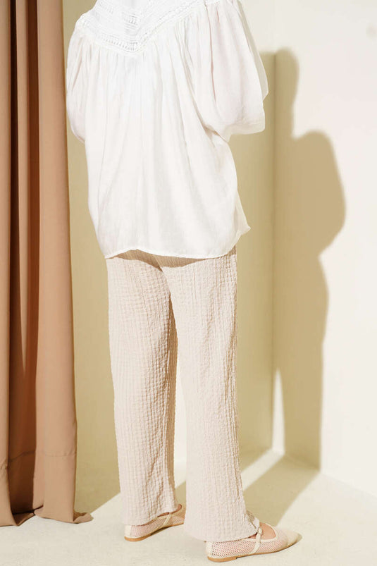 Bel İpli Kabartmalı Pantolon Bej