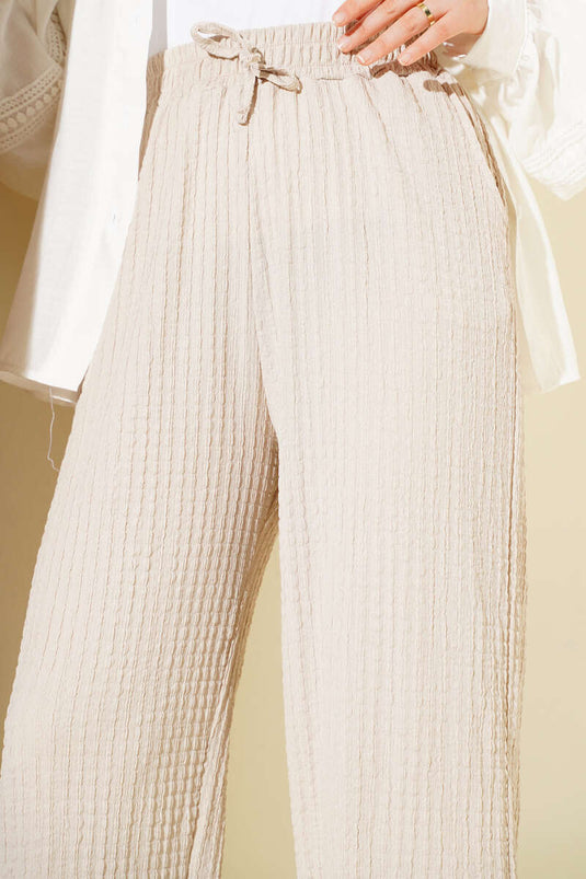 Bel İpli Kabartmalı Pantolon Bej