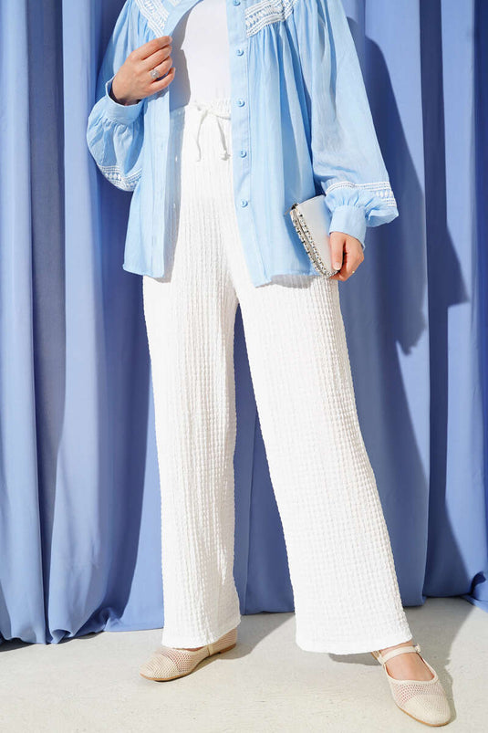 Waist Drawstring Embossed Trousers White