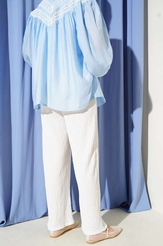 Waist Drawstring Embossed Trousers White