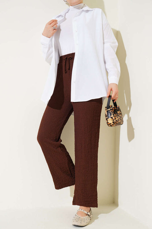 Drawstring Waist Embossed Trousers, Brown