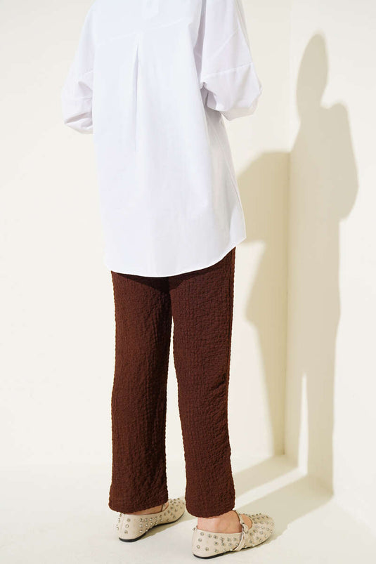 Drawstring Waist Embossed Trousers, Brown