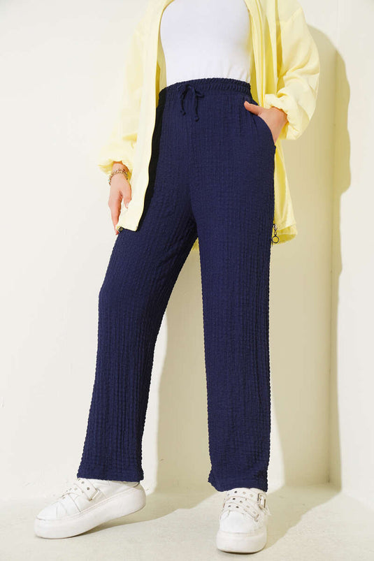 Embossed Waist Drawstring Trousers Navy Blue