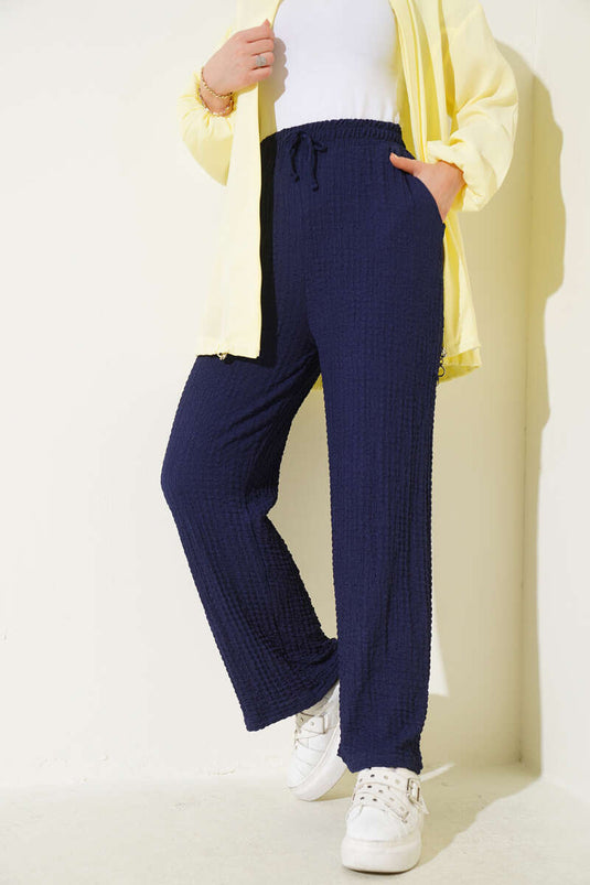 Embossed Waist Drawstring Trousers Navy Blue