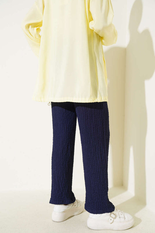 Embossed Waist Drawstring Trousers Navy Blue