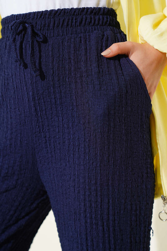 Embossed Waist Drawstring Trousers Navy Blue