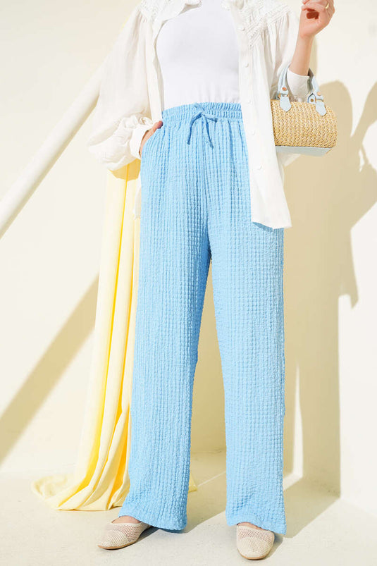 Bel İpli Kabartmalı Pantolon Mavi