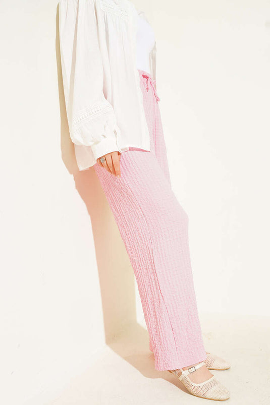 Embossed Waist Drawstring Trousers Pink