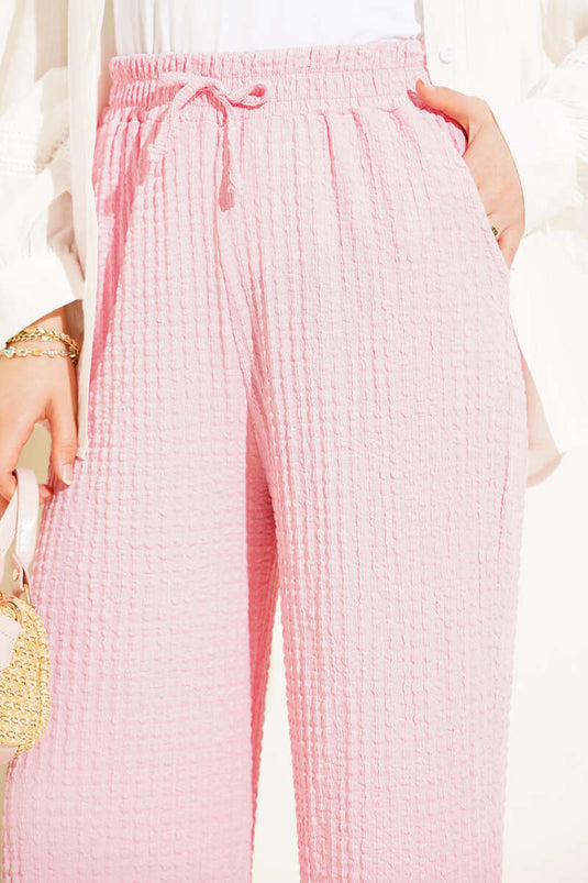 Embossed Waist Drawstring Trousers Pink