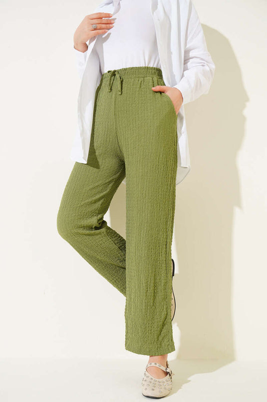 Bel İpli Kabartmalı Pantolon Yeşil