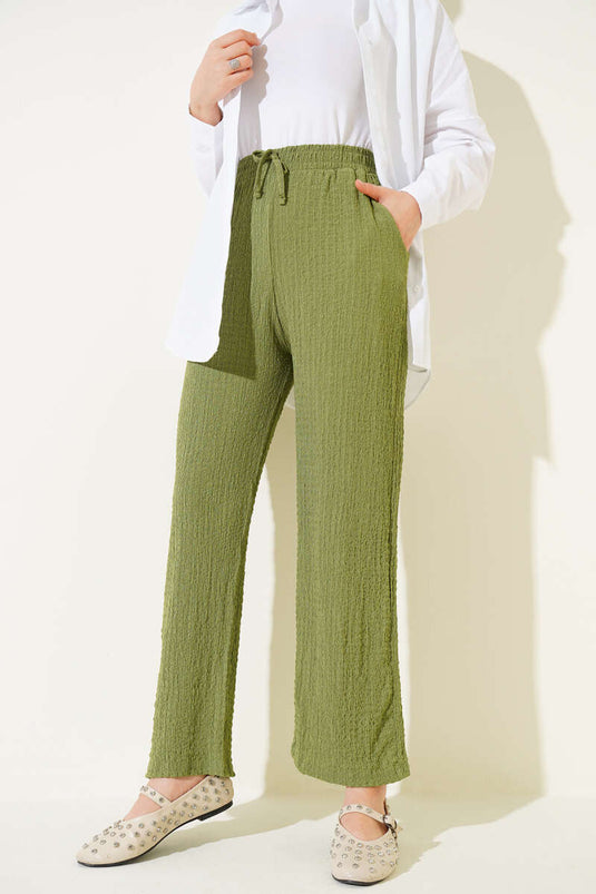 Bel İpli Kabartmalı Pantolon Yeşil
