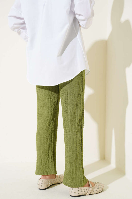 Bel İpli Kabartmalı Pantolon Yeşil
