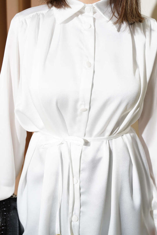 Taille Trekkoord Schouder Geplooid Shirt Ecru