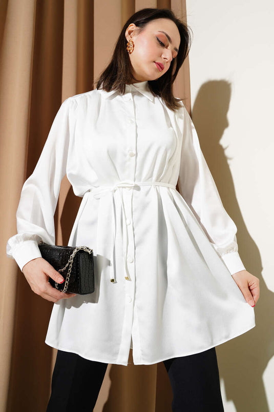 Taille Trekkoord Schouder Geplooid Shirt Ecru