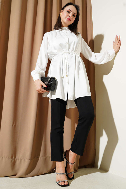 Taille Trekkoord Schouder Geplooid Shirt Ecru