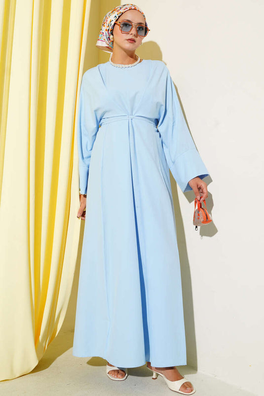 Oversize Basic Dress with Waist Straps Blue