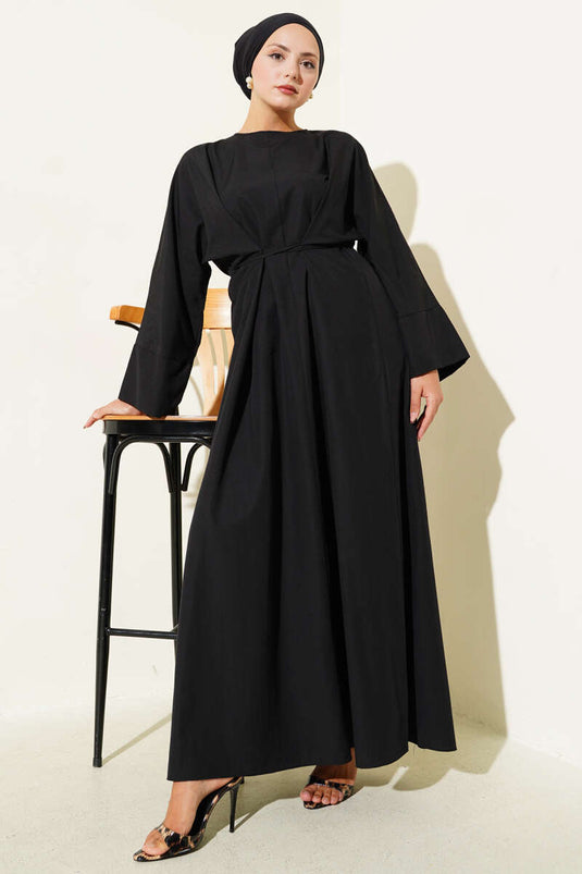Bel İpli Oversize Basic Elbise Siyah