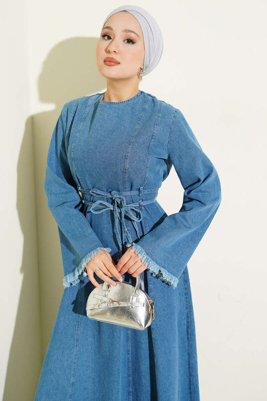 Waist Drawstring Tassel Detail Denim Dress Light Blue