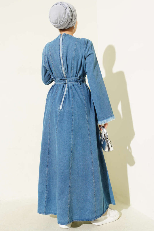 Waist Drawstring Tassel Detail Denim Dress Light Blue