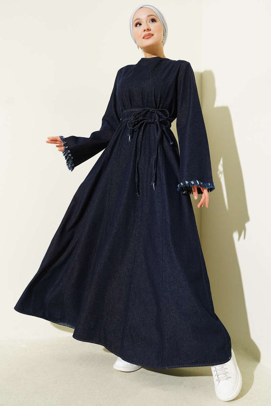 Waist Drawstring Tassel Detail Denim Dress Navy Blue