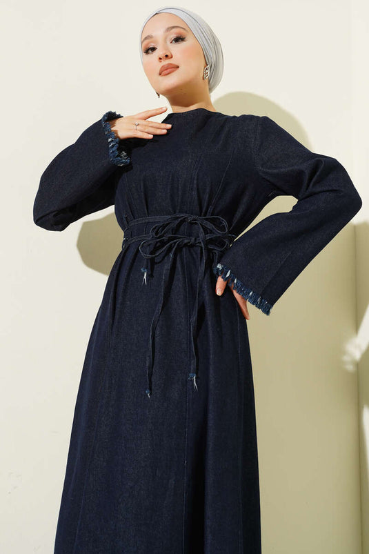 Waist Drawstring Tassel Detail Denim Dress Navy Blue