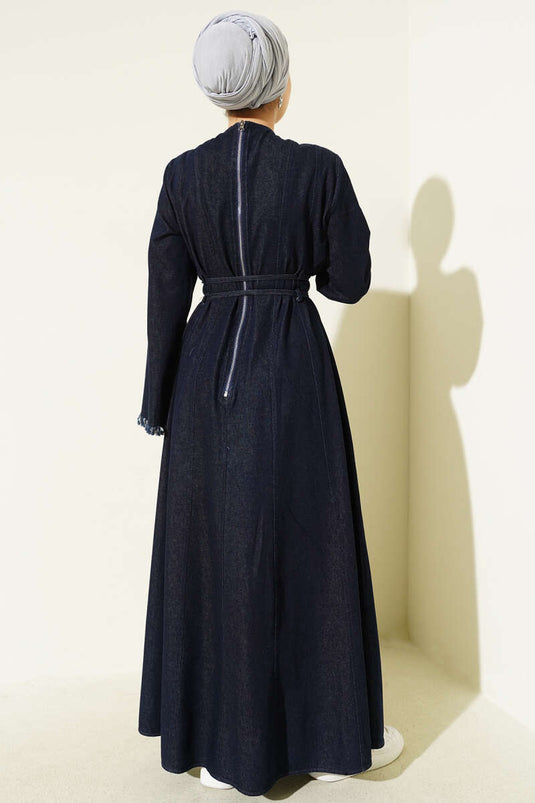 Waist Drawstring Tassel Detail Denim Dress Navy Blue