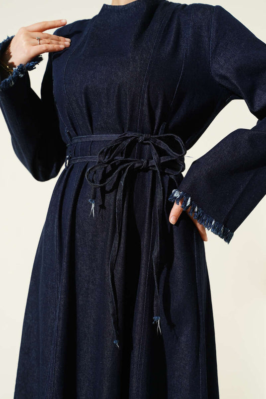 Waist Drawstring Tassel Detail Denim Dress Navy Blue