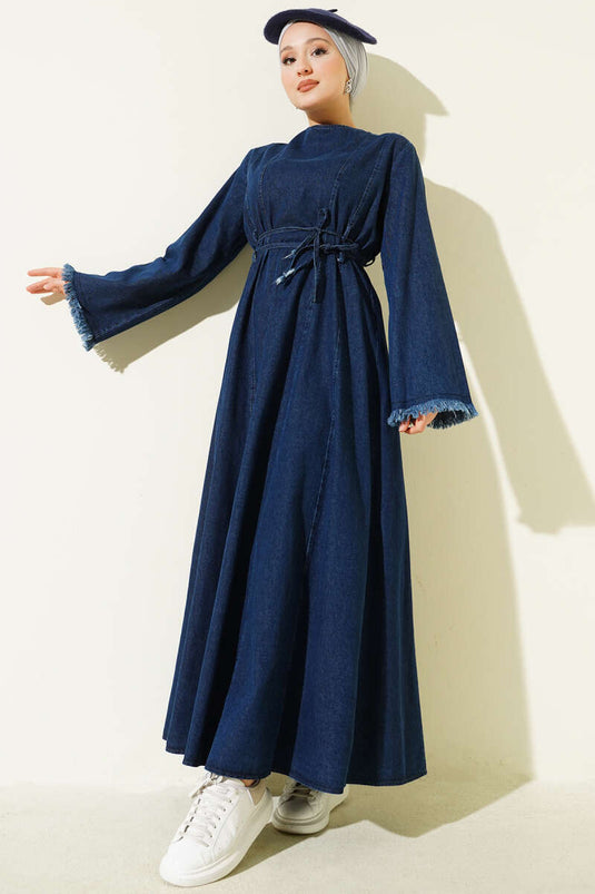 Waist Drawstring Tassel Detail Denim Dress Blue