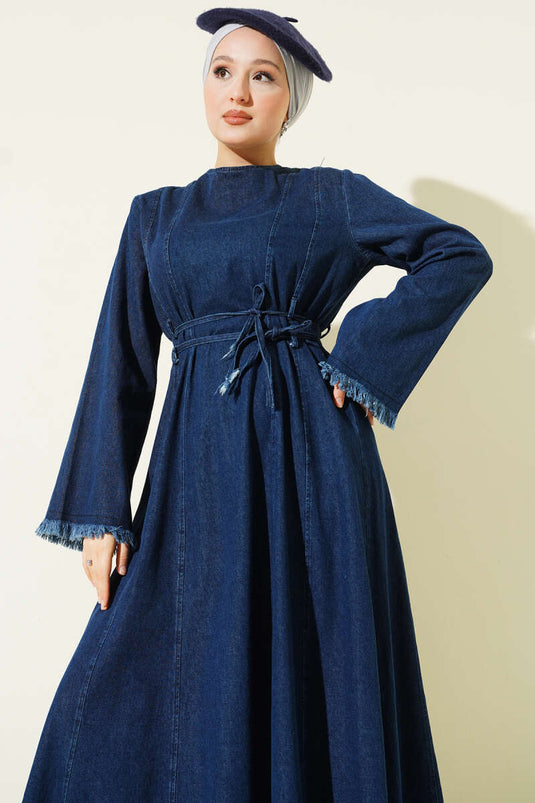 Waist Drawstring Tassel Detail Denim Dress Blue