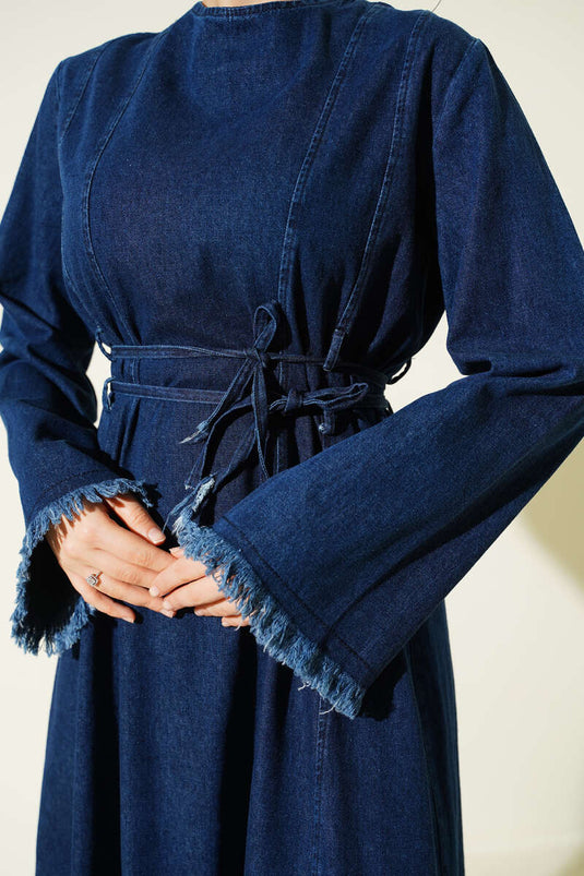 Waist Drawstring Tassel Detail Denim Dress Blue