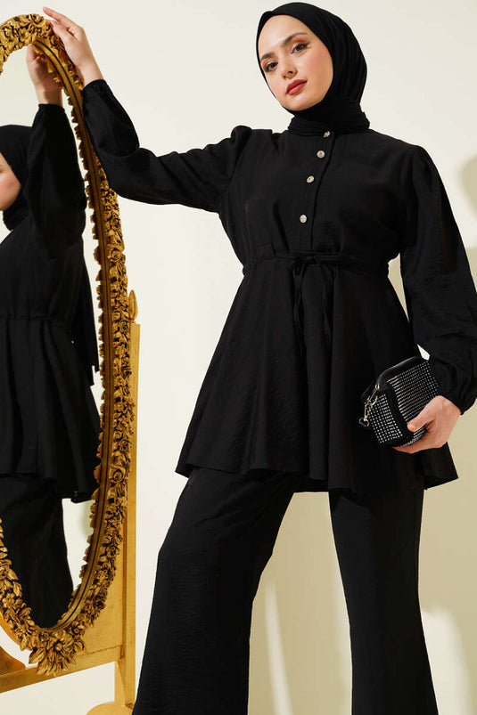 Bel İpli Taş Düğmeli Tunik İkili Takım Siyah