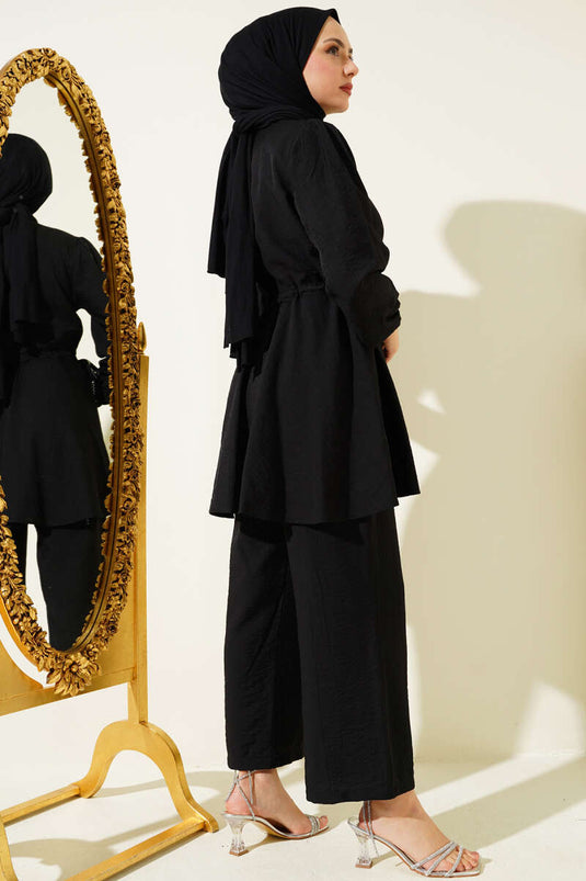 Bel İpli Taş Düğmeli Tunik İkili Takım Siyah